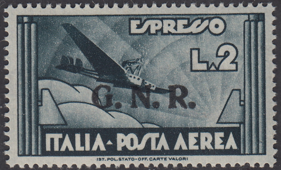 RSI391 - 1944 - Posta Aerea di Regno soprastampata G.N.R. tiratura di Verona con errore di colore della soprastampa, L.2 ardesia in nero invece che rosso nuovo gomma integra (125A)