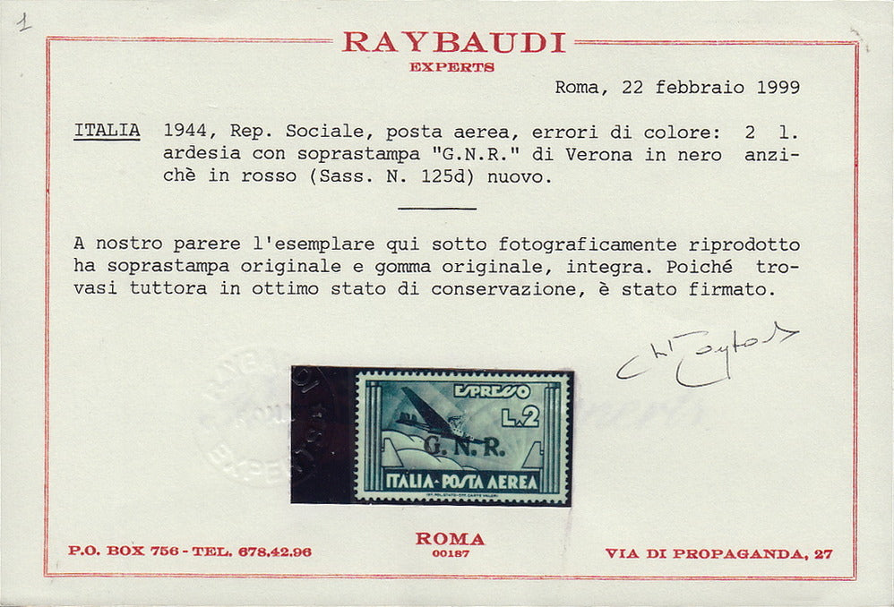 RSI391 - 1944 - Posta Aerea di Regno soprastampata G.N.R. tiratura di Verona con errore di colore della soprastampa, L.2 ardesia in nero invece che rosso nuovo gomma integra (125A)