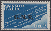 RSI396 - 1944 - Posta Aerea di Regno soprastampata G.N.R. tiratura di Verona con errore di colore della soprastampa, L.2 azzurro in nero invece che rosso nuovo gomma integra (122A)