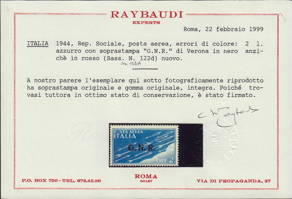 RSI396 - 1944 - Posta Aerea di Regno soprastampata G.N.R. tiratura di Verona con errore di colore della soprastampa, L.2 azzurro in nero invece che rosso nuovo gomma integra (122A)