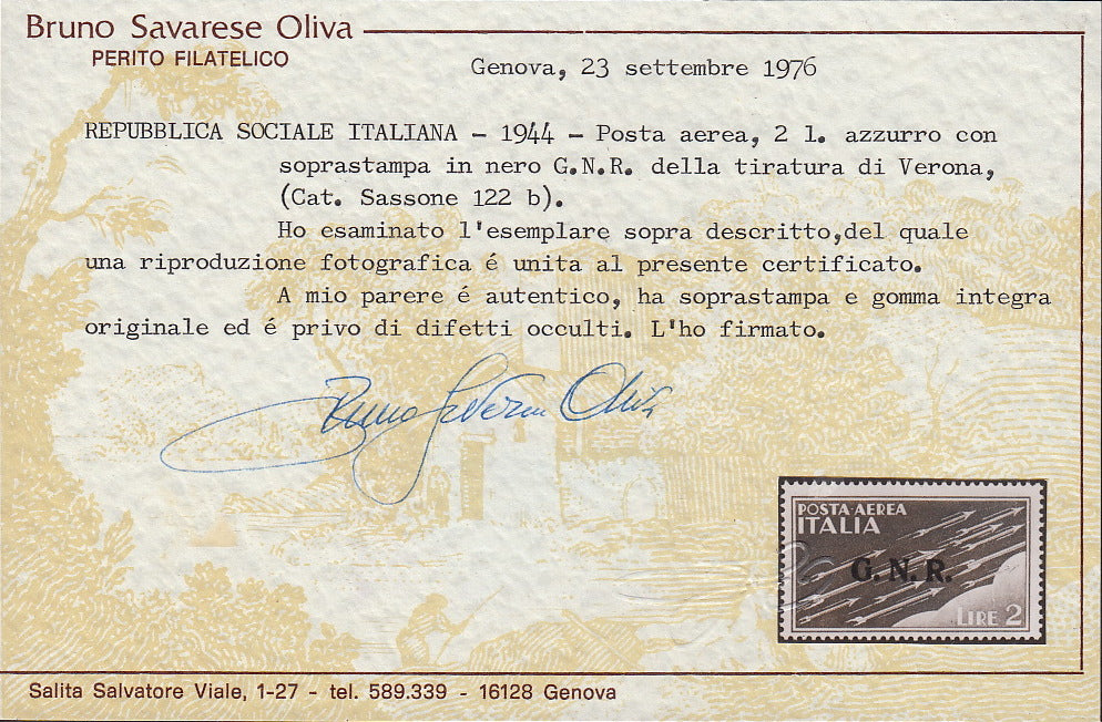 RSI396 - 1944 - Posta Aerea di Regno soprastampata G.N.R. tiratura di Verona con errore di colore della soprastampa, L.2 azzurro in nero invece che rosso nuovo gomma integra (122A)