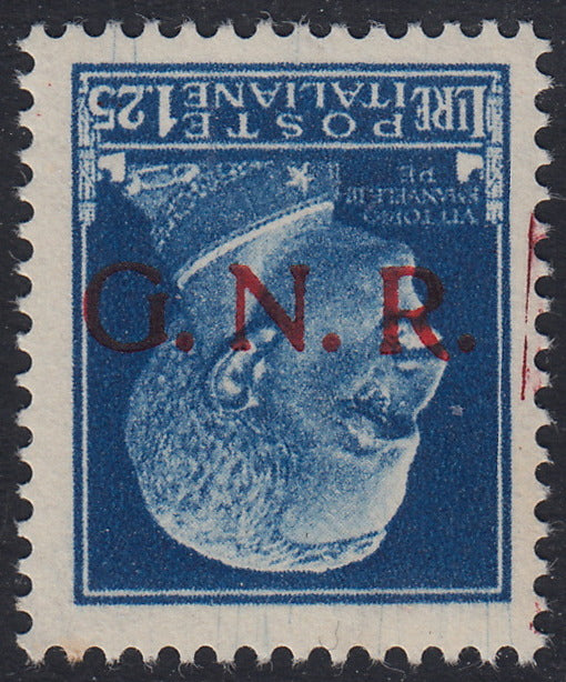 1944 - Imperiale L. 1.25 light blue with GNR Verona overprint in red upside down. + typographical space on the right, new with intact gum (480ab)