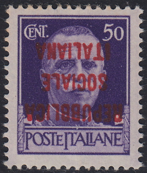 1944 - Imperial c. 50 violet with "m" type overprint of MILAN in red upside down, new with intact gum (493a)