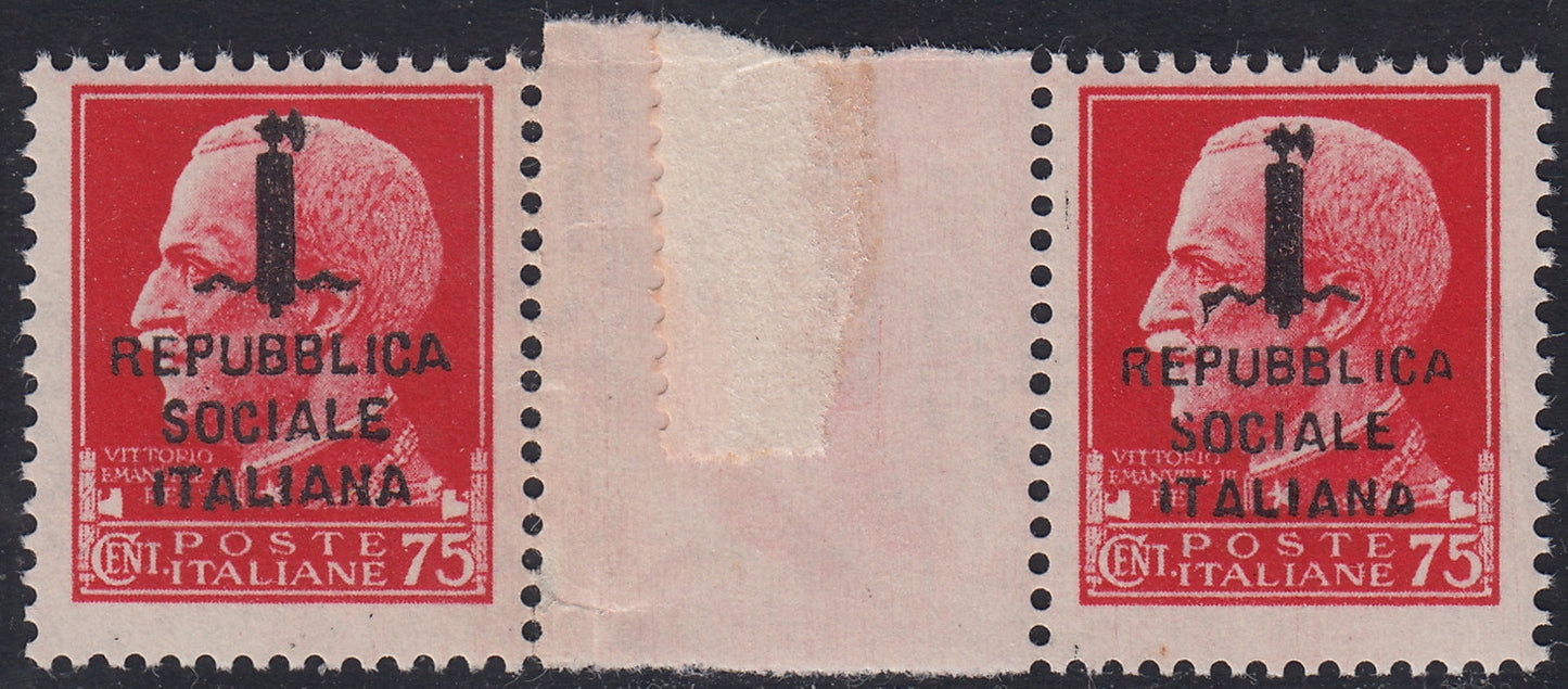 1944 - Imperial c. 75 carmine with "k" type overprint horizontal pair with gap of new complete group with rubber (494)