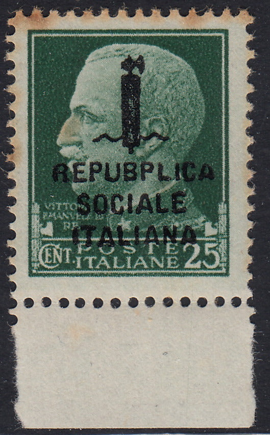 1944 - Imperiale c. 25 verde con soprastampa tipo "k" di ROMA e varietà "REPUBPLICA" (pos. 92) nuova con gomma. (491).