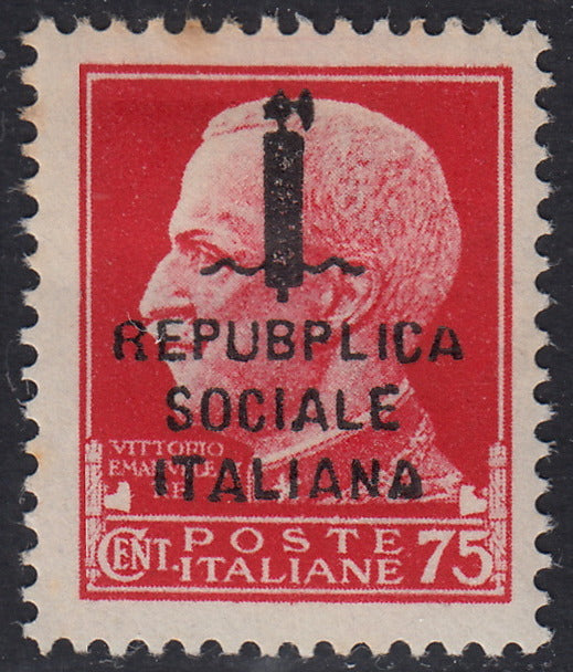 1944 - Imperiale c. 75 carminio con soprastampa tipo "k" di ROMA e varietà "REPUBPLICA" (pos. 92) nuova con gomma. (494).