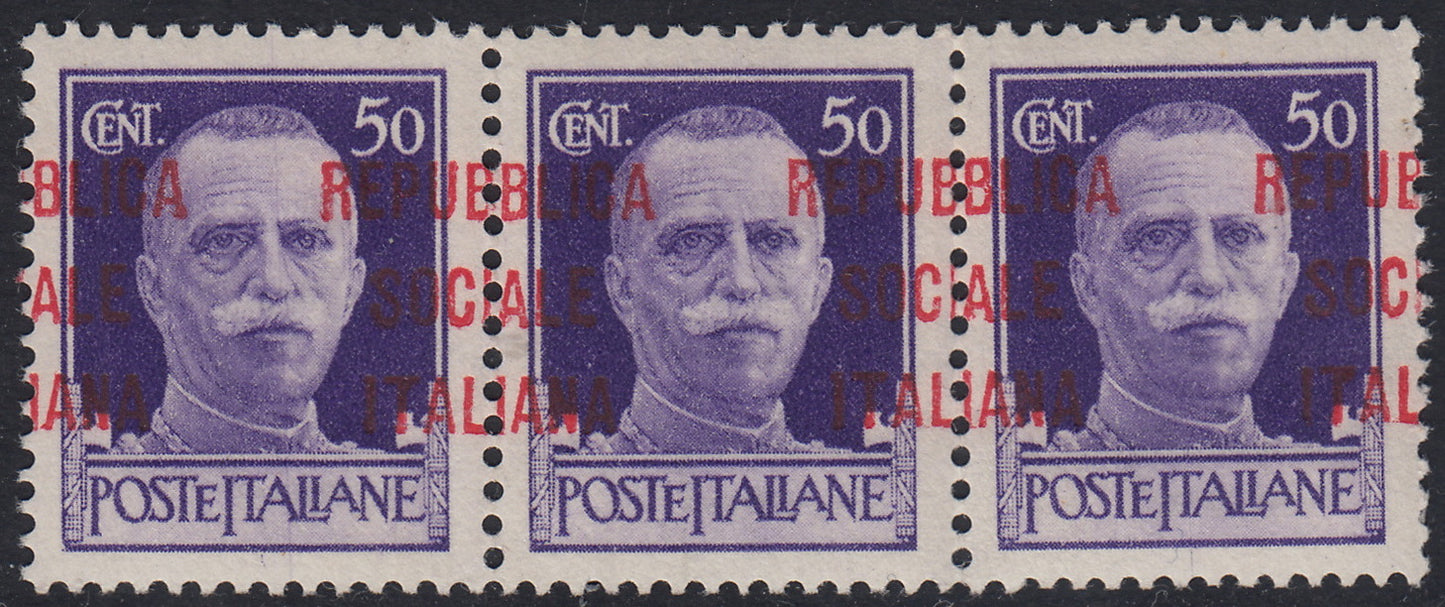 1944 - Imperial c. 50 violet strip of three with "m" type overprint strongly shifted to the right, new with rubber. (493pma).