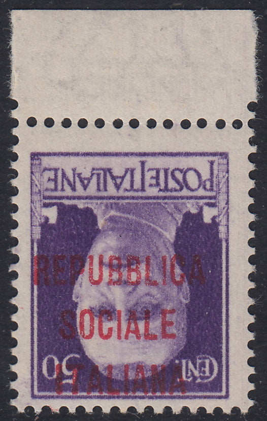 RSI429 - 1944 - R.S.I. - Francobollo dipo Imperiale, c. 50 violetto con soprastampa tipo "m" capovolta, nuovo gomma integra (493a)