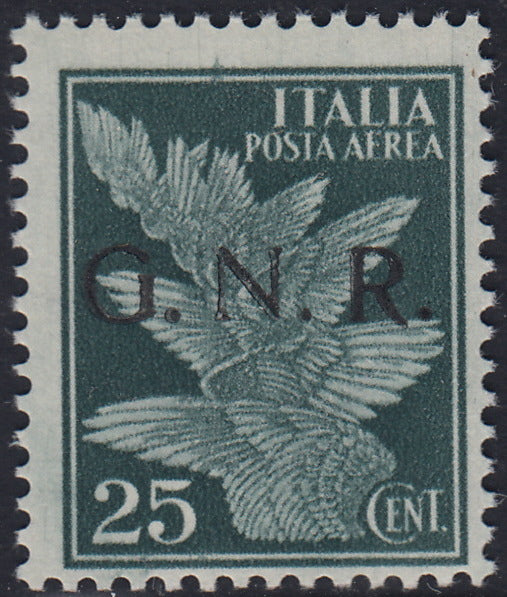RSI459 - Posta Arerea di Regno c. 25 verde scuro con errore di colore della soprastampa G.N.R. di Verona, nuovo con gomma integra (117A).