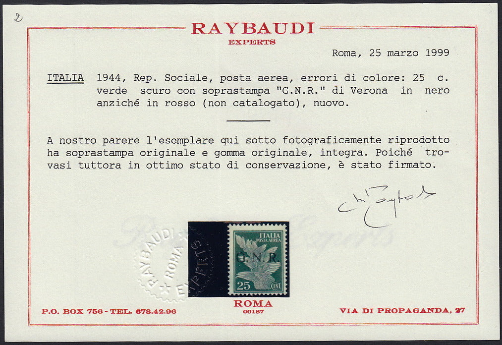 RSI459 - Kingdom Air Mail c. 25 dark green with color error of the GNR di Verona overprint, new with intact gum (117A).