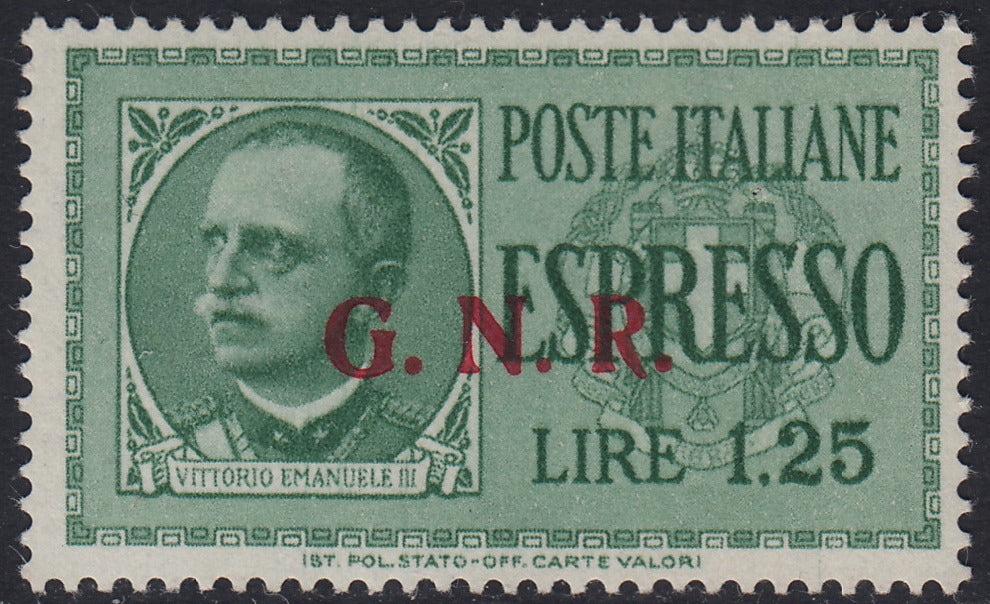 RSI460 - Espresso di Regno of L. 1.25 green with GNR Brescia overprint with GN of the II type and R. of the III type new intact (19/IIa)