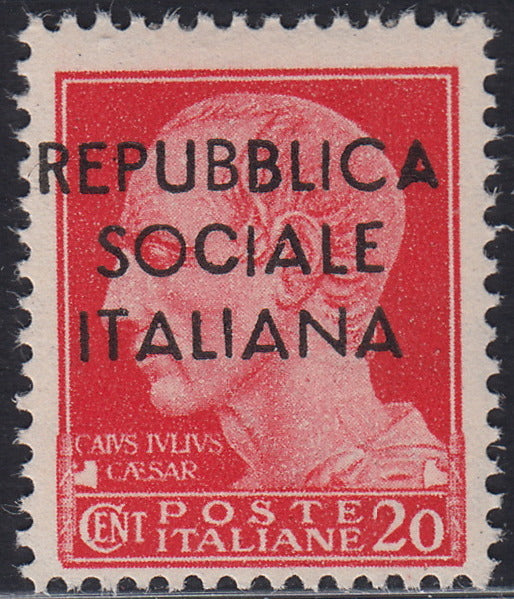 RSI471 - Saggi di soprastampa su Giulio Cesare c. 20 carminio sezione di destra "REPUBBLICA / SOCIALE / ITALIANA" nuovo integro (P5)