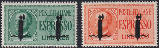 RSI477 - 1944 - RSI - Overprint essays, Espressi di Regno with Verona overprint type "l" repeated twice, L.1,25 green and L.2,50 orange new intact rubber (P1, P2) 