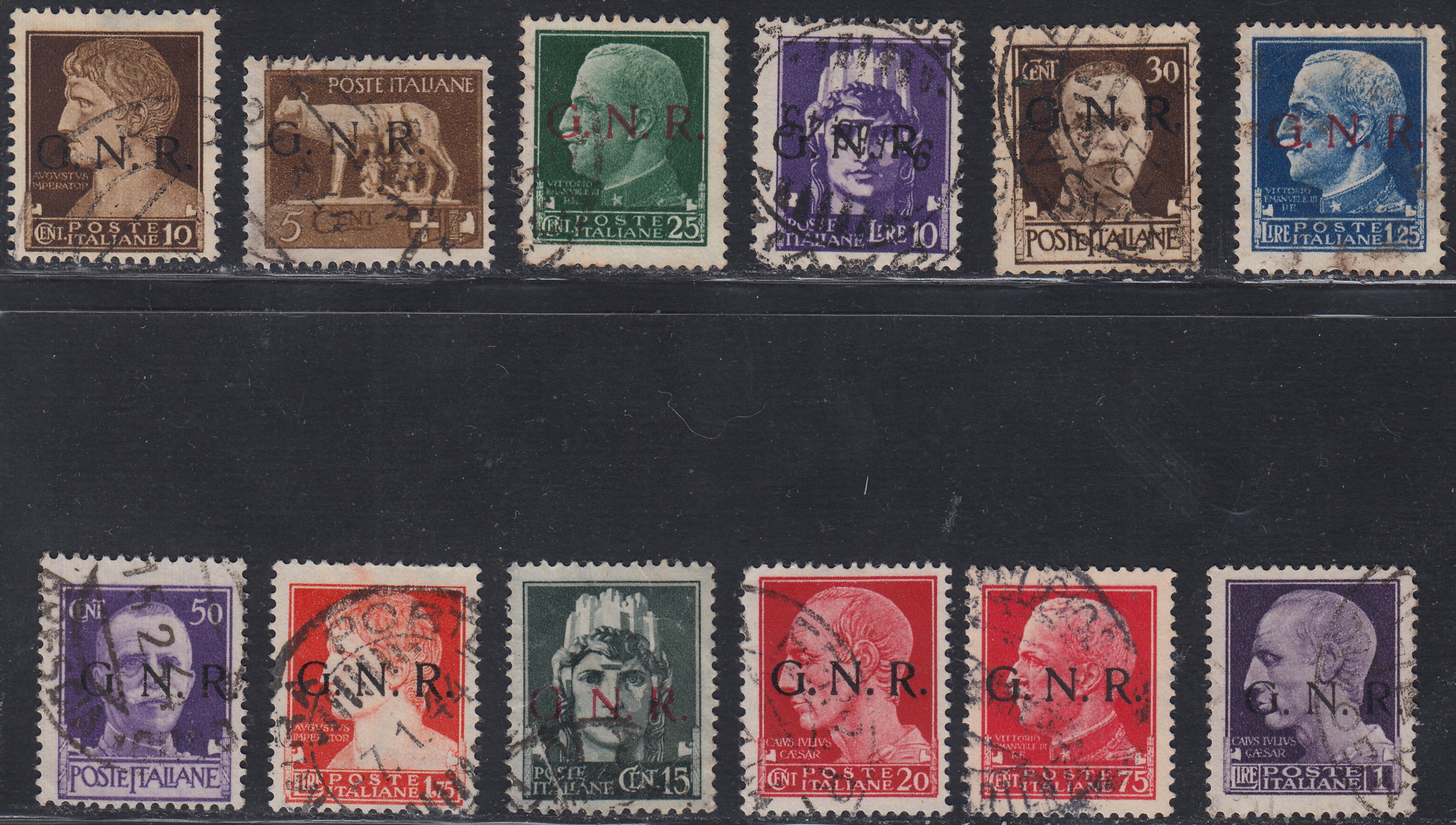 RSI489 - 1944 - Francobolli di Regno soprastampati GNR tiratura di Verona, serietta di 12 valori usata (470/475 + 477/481 + 486)