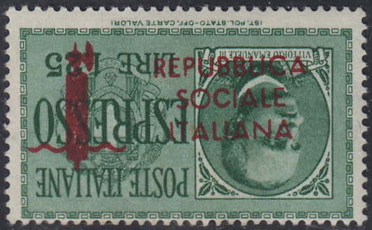 RSI527 - 1944 - Espresso di Regno, L. 1,25 verde con soprastampa in carminio violaceo cupo capovolta nuovo con gomma integra (21Ea).