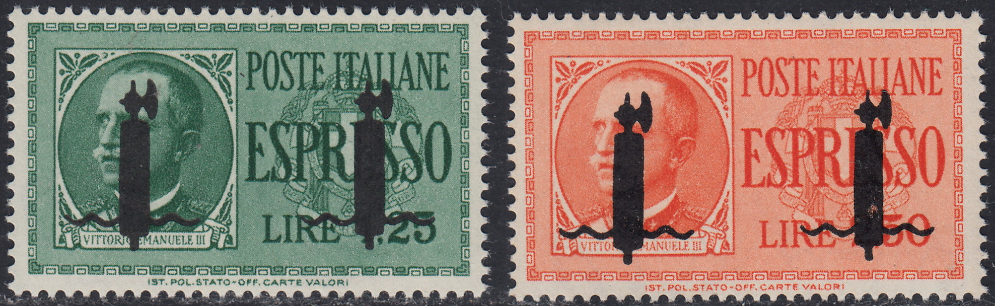 RSI546 - 1944 - Espressi di Regno con soprastampe di Prova Fascetto tiratura di VERONA, due fascetti neri nuovi gomma integra (P1, P2)