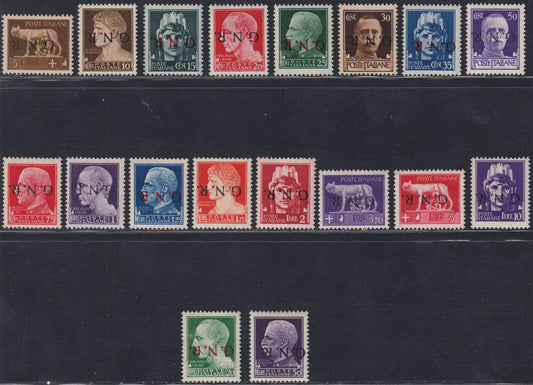 RSI553 - 1944 - Imperiale di Regno overprinted GNR Verona edition upside down, series of 18 new stamps with intact gum (470th/489th).