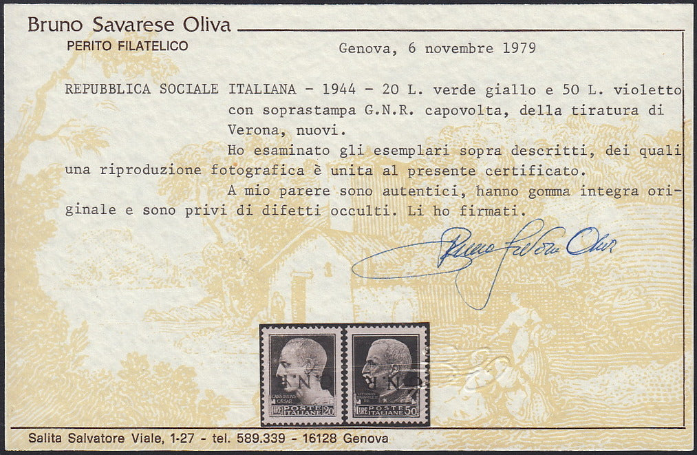 RSI553 - 1944 - Imperiale di Regno overprinted GNR Verona edition upside down, series of 18 new stamps with intact gum (470th/489th).