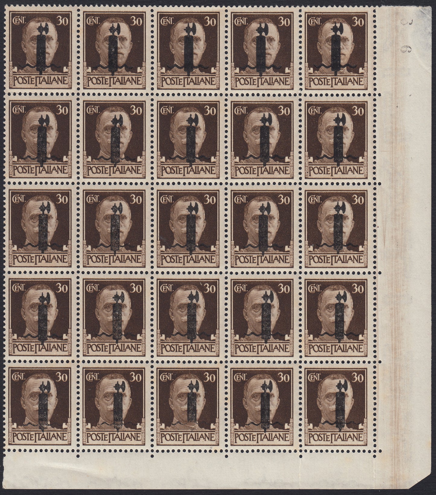 RSI555 - 1944 - Imperial of Kingdom c. 30 brown overprint type "l" in black color error of the overprint, block of 25 copies, new, intact (492A)