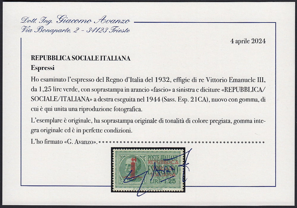 1944 - GNR Brescia Espresso of L. 1.25 complete sheet of 50 copies, new with full gum intact. (19/II).