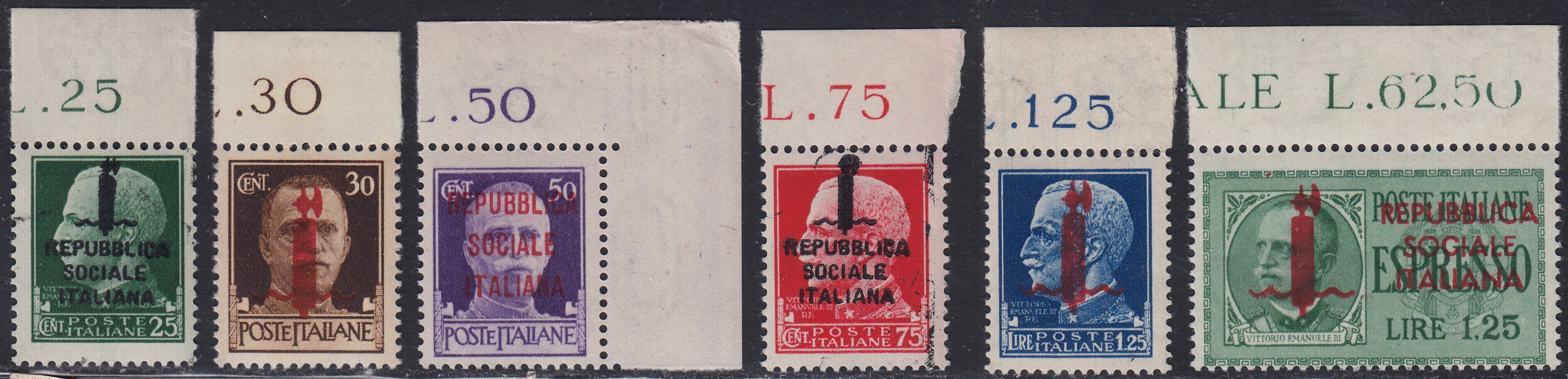 RSI570 - 1944 - Francobolli di Regno soprastampati, sei valori della tiratura di GENOVA nuovi gomma integra (491/5 + E21)