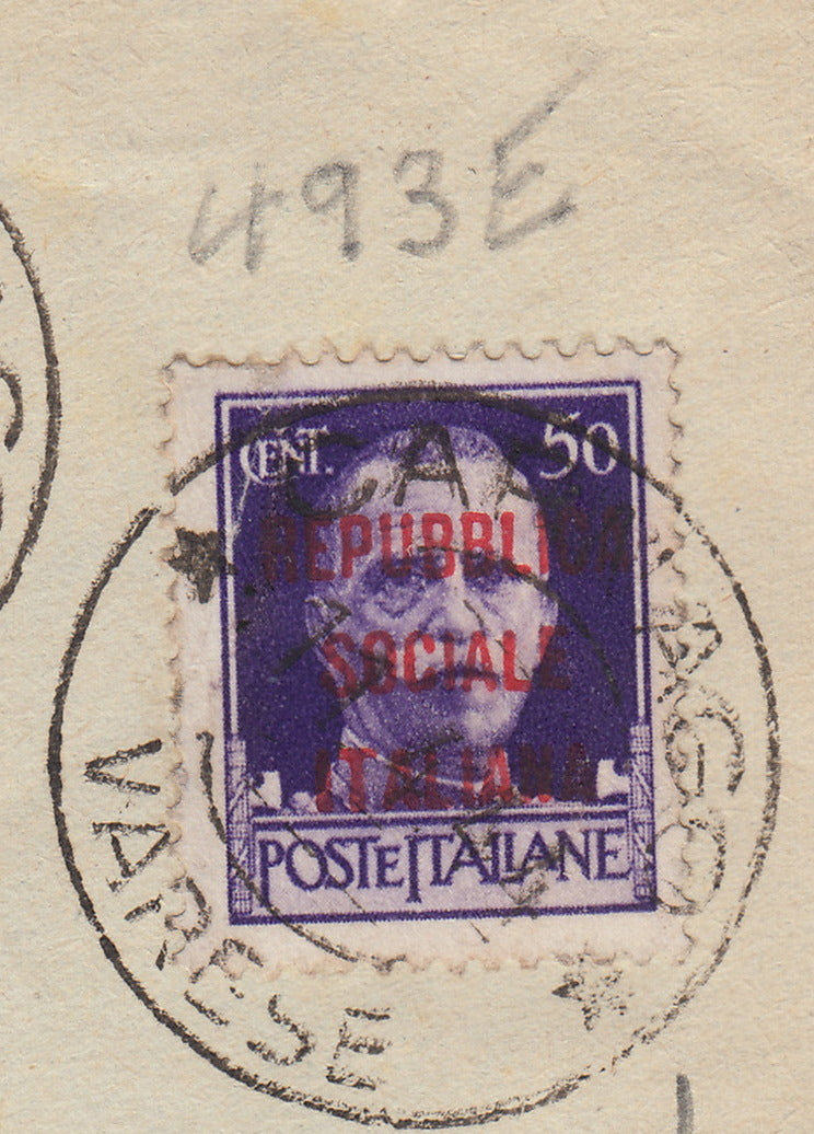 RSI603 - 1944 - Imperiale c. 50 violetto soprastampato REPUBBLICA SOCIALE ITALIANA su lettera da CARNAGO per Maccagno 11/4/44 (493E)