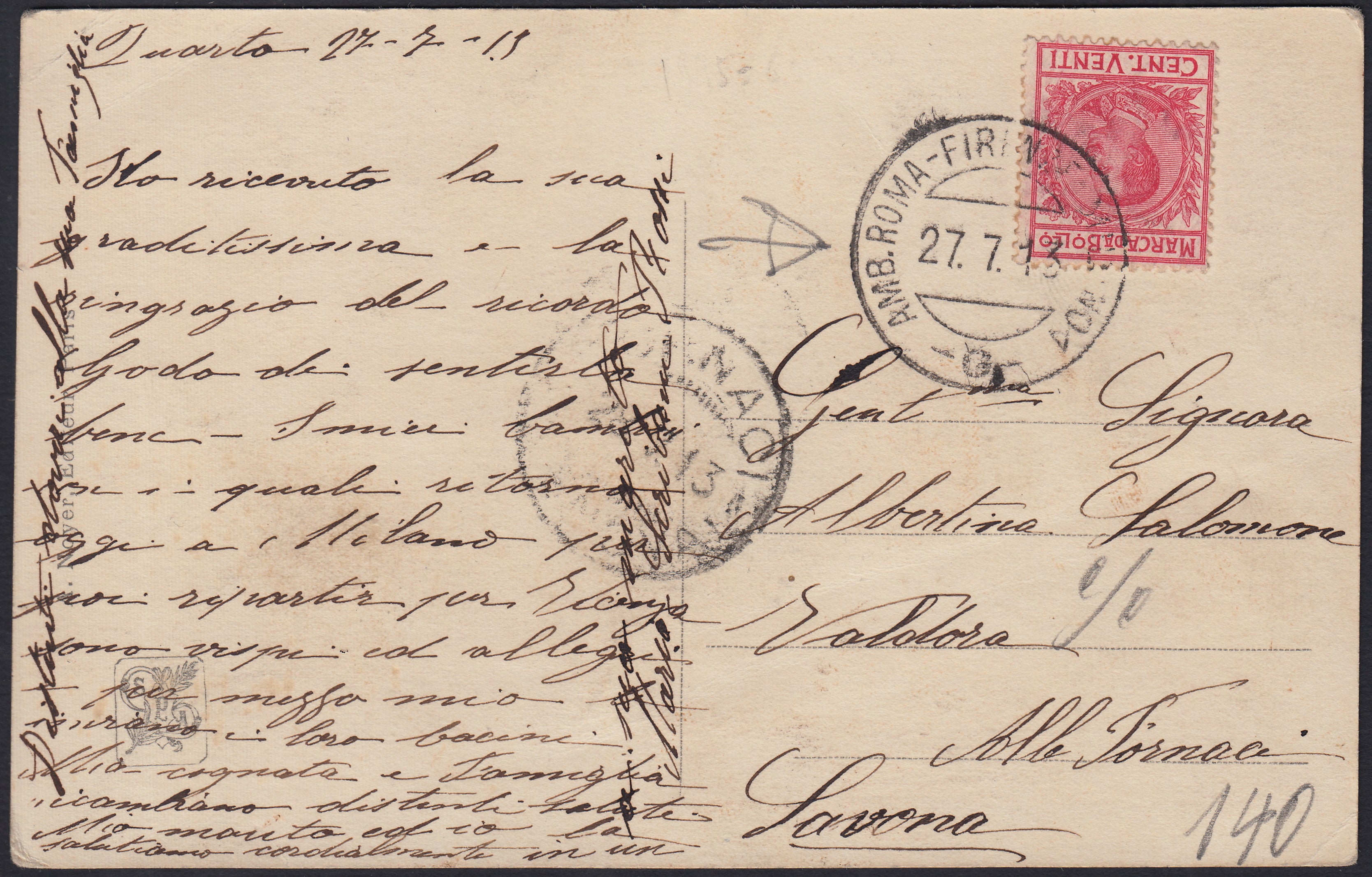 RSP25 - 1913 - Marca da ollo da c. 20 carminio in affrancatura di emergenza su cartolina da Quarto per Savona 27/7/13 (13)