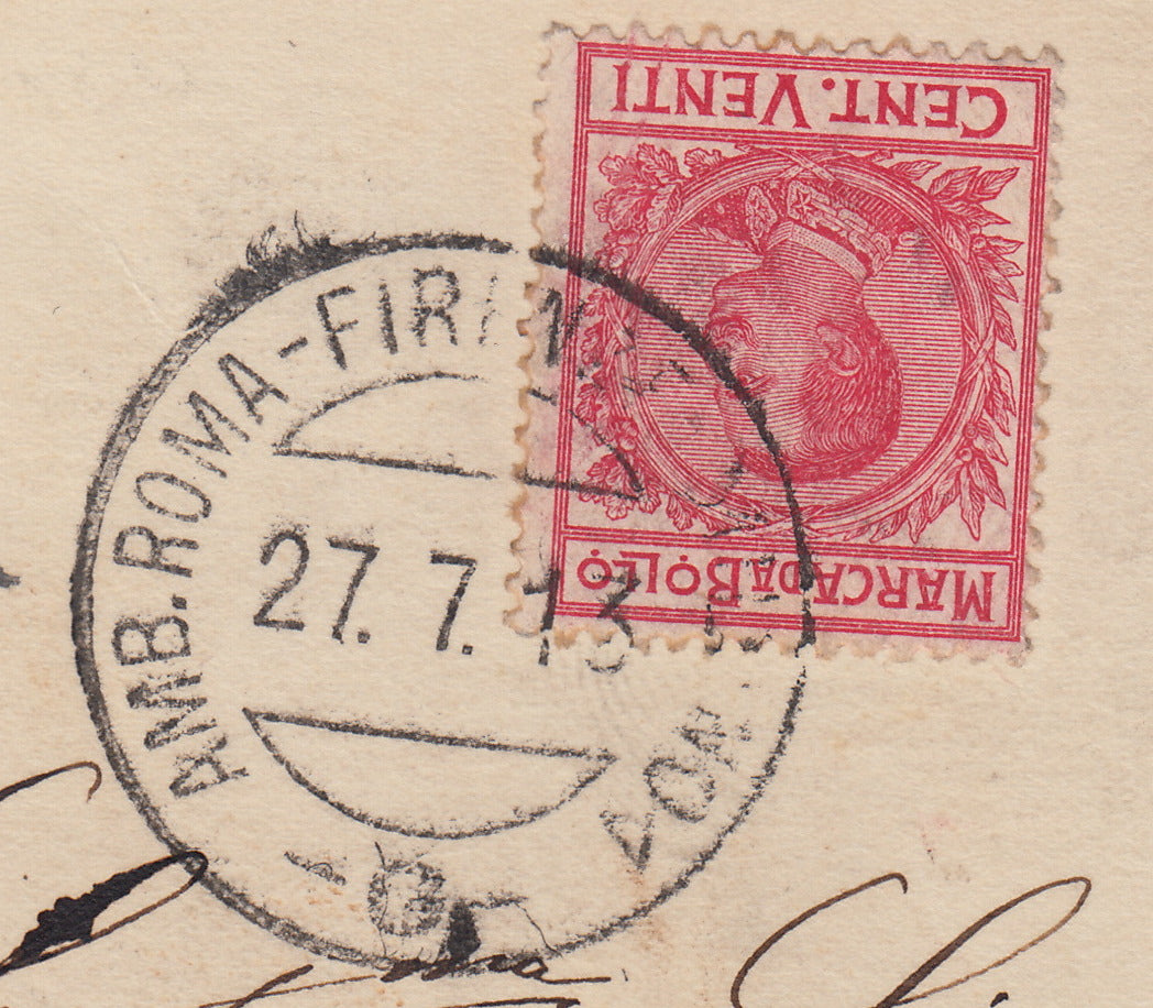 RSP25 - 1913 - Marca da ollo da c. 20 carminio in affrancatura di emergenza su cartolina da Quarto per Savona 27/7/13 (13)