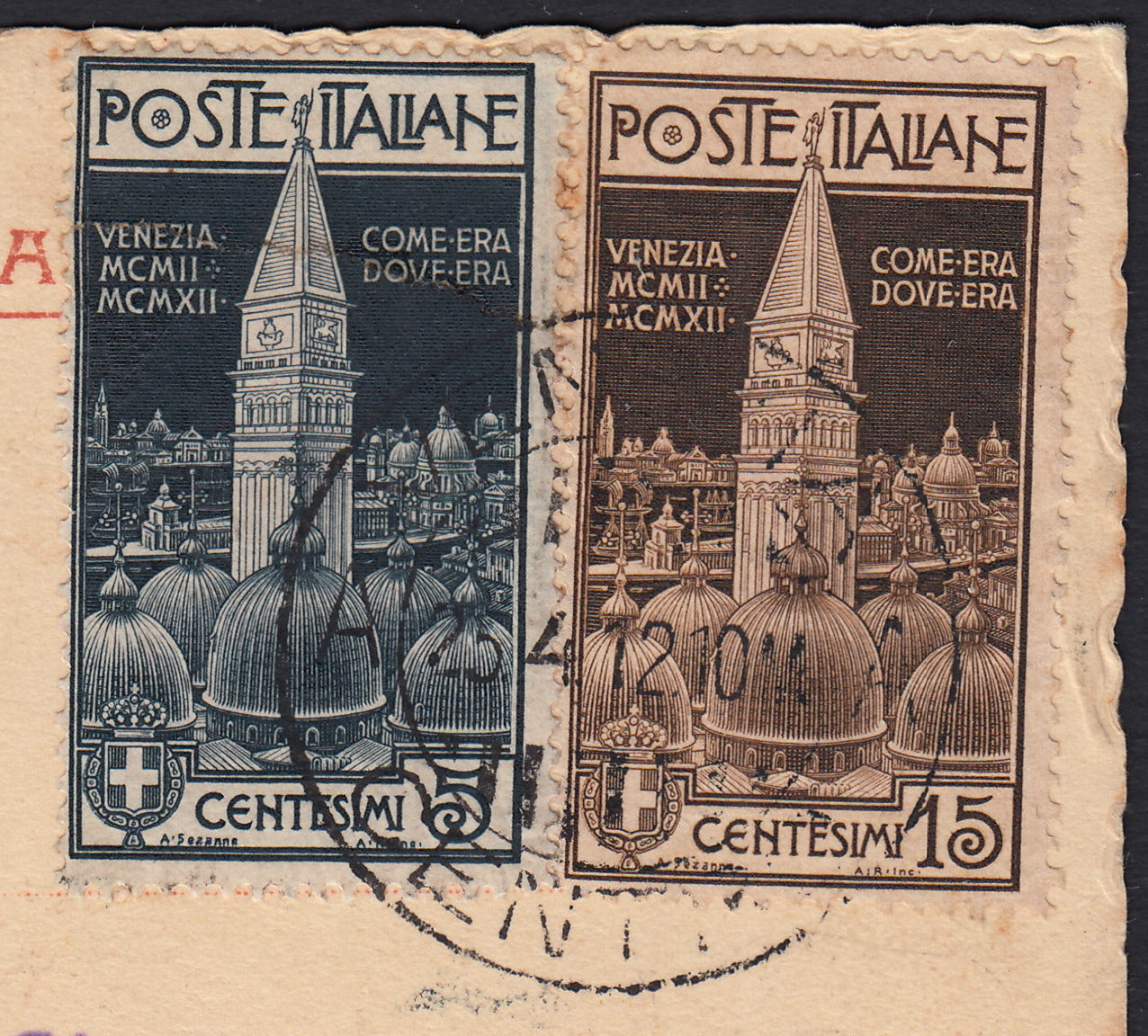 RSP26 - 1912 - Campanile di Venezia, ricostruzione, serie completa dei due valori su cartolina da Venezia per Firenze 25/4/12 (97, 98)