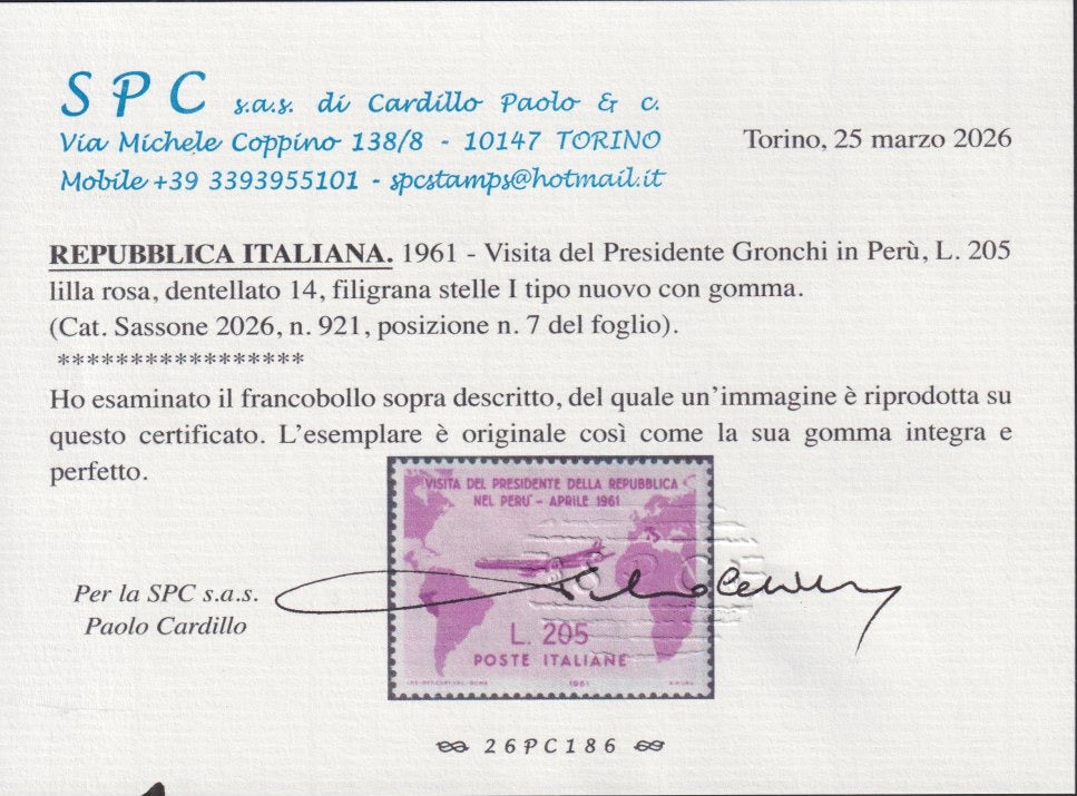 REP204 - 1961 - Visita del Presidente Gronchi, 205 L. lilla rosa, nuovo gomma integra (921)