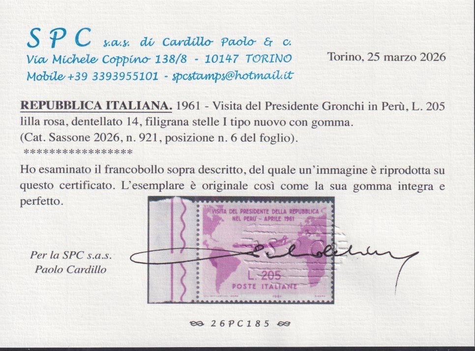 REP205 - 1961 - Visita del Presidente Gronchi, 205 L. lilla rosa, nuovo gomma integra (921)