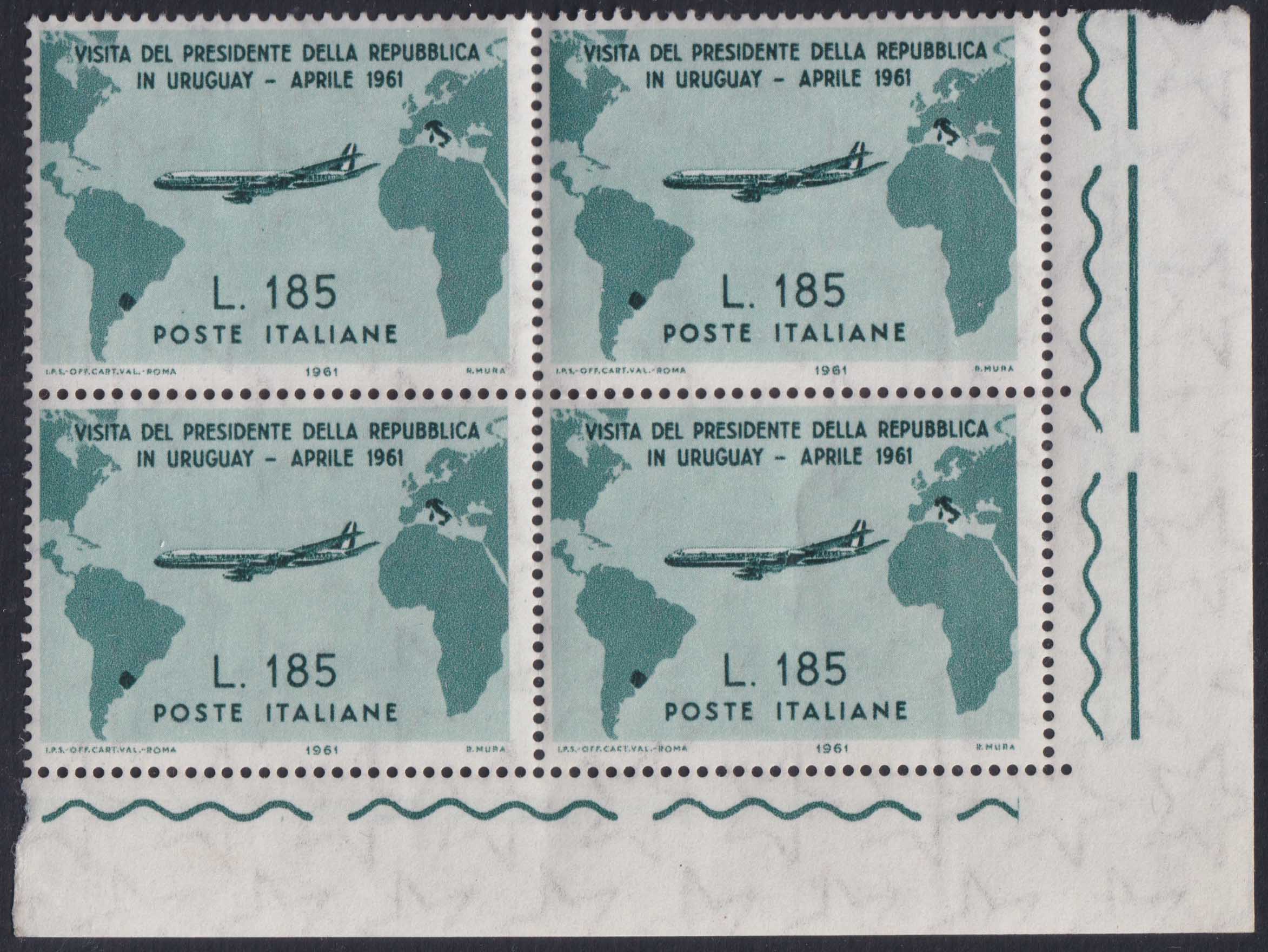 REP206 - 1961 - Visita del Presidente Gronchi nell'America Latina, serie di tre valori in quartine nuove con gomma integra (918/920)