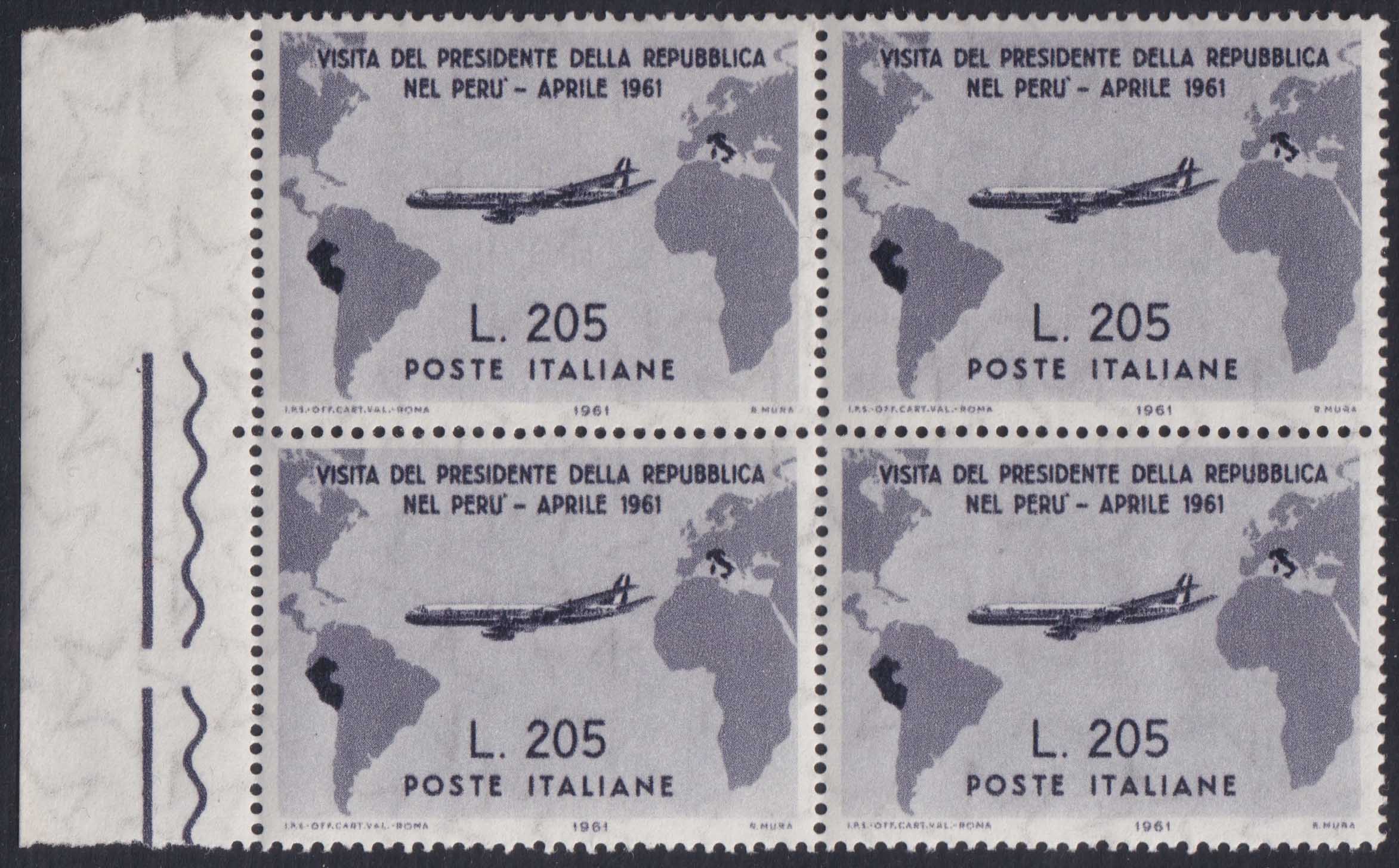 REP206 - 1961 - Visita del Presidente Gronchi nell'America Latina, serie di tre valori in quartine nuove con gomma integra (918/920)