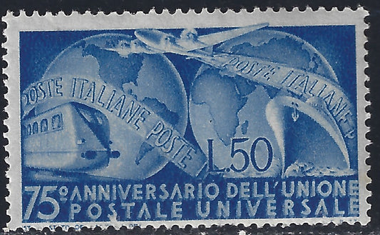 Rep26 - 1949 - 75° anniversario dell'UPU, L. 50 azzurro nuovo gomma integra (599)