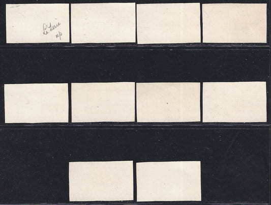 1930 – Virgilio, Dieci ritagli di locandina pubblicitaria su cartoncino spesso recanti nel contorno un’impronta di dentellatura stampata in nero e diagonalmente la dicitura SAGGIO in stampatello.