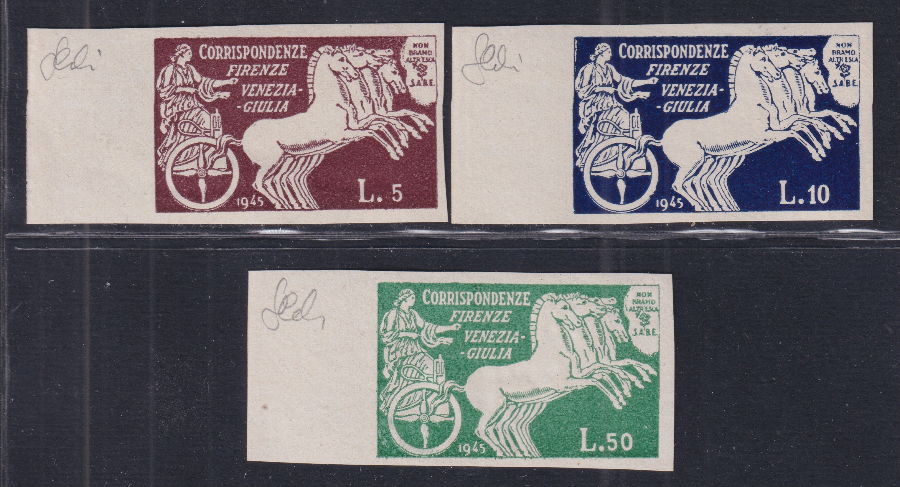 SABE_1 - 1945 - S.A.B.E., corrieri privati, serie completa di tre valori nuova con gomma integra (13/15)