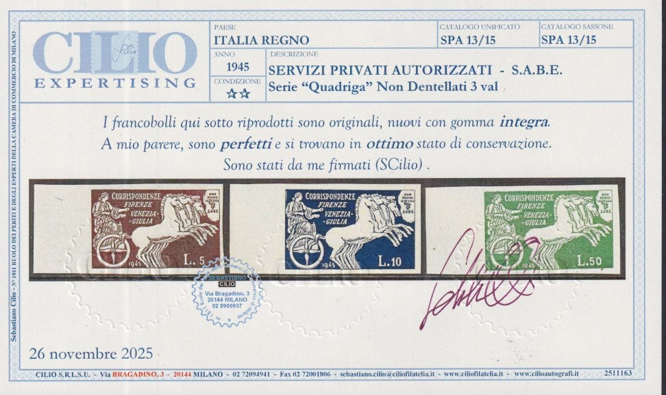 SABE_1 - 1945 - S.A.B.E., corrieri privati, serie completa di tre valori nuova con gomma integra (13/15)