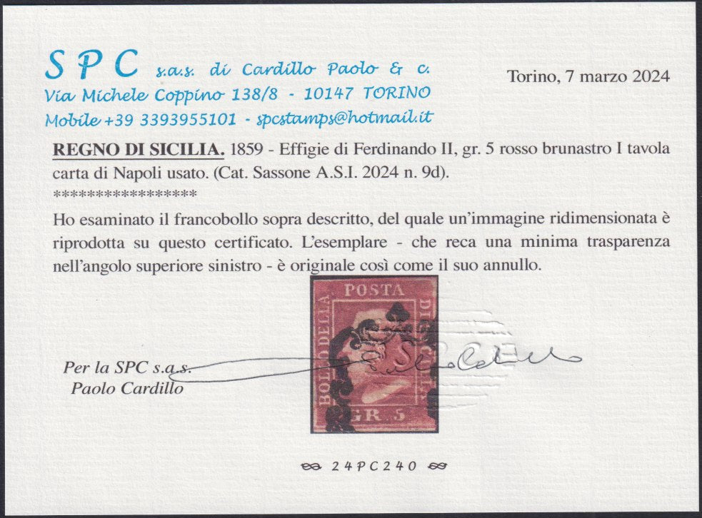 SIC361 -  1859 - Effigie di Ferdinando II di Borbone, gr. 5 rosso brunastro I tavola carta di Napoli usato. (9d)