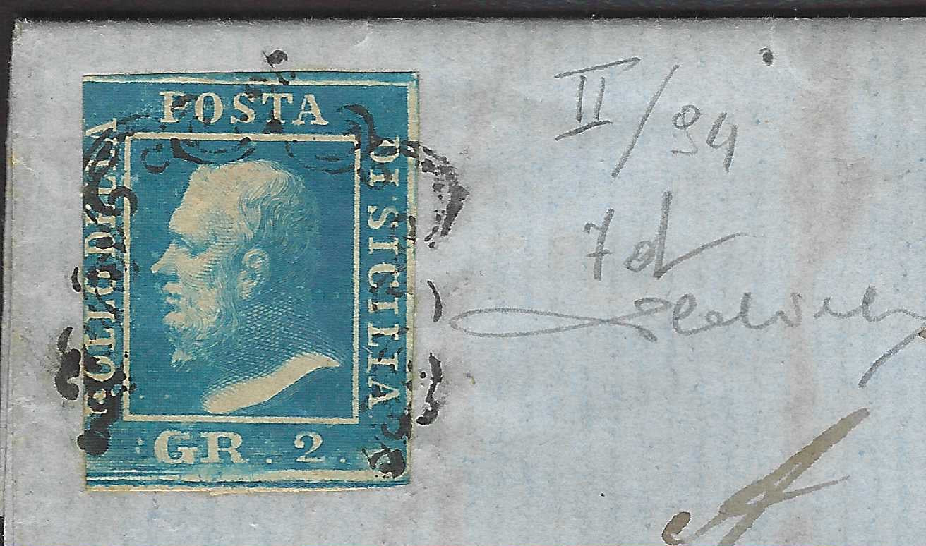 SICSP20 - 1859 - Effigie di Federico II di Borbone, 2 grana azzurro oltremare II tavola carta di Napoli su lettera da Palermo a Novara di Sicilia 26/3/59 (7d)