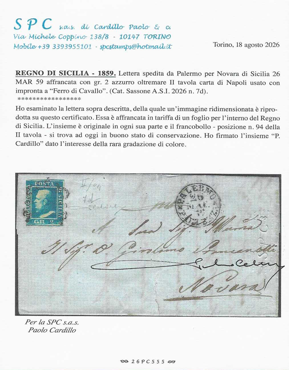 SICSP20 - 1859 - Effigie di Federico II di Borbone, 2 grana azzurro oltremare II tavola carta di Napoli su lettera da Palermo a Novara di Sicilia 26/3/59 (7d)