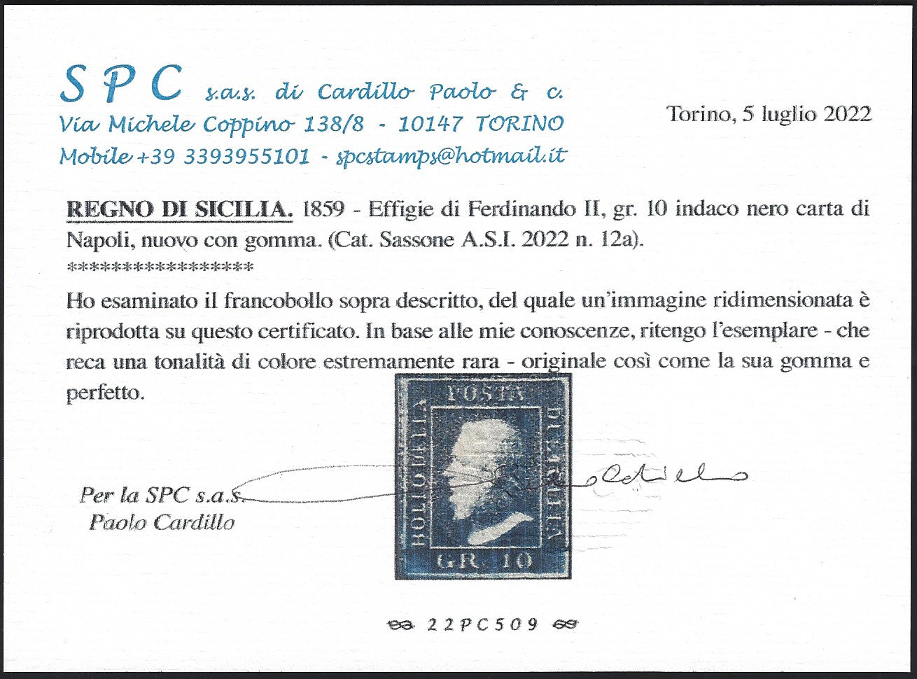 1859 - 10 grana indaco nero carta di Napoli nuovo con gomma originale (12a)