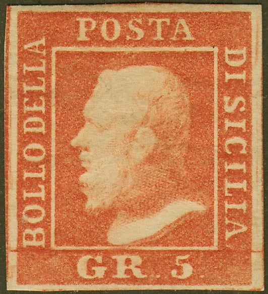SIC115 - 1859 - Effigy of Ferdinand II of Bourbon facing left, 5 grain vermilion orange Palermo paper intact (11aa)