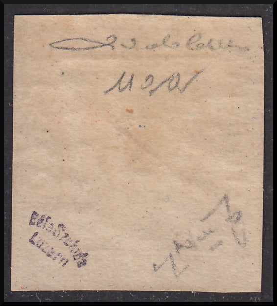 SIC115 - 1859 - Effigy of Ferdinand II of Bourbon facing left, 5 grain vermilion orange Palermo paper intact (11aa)