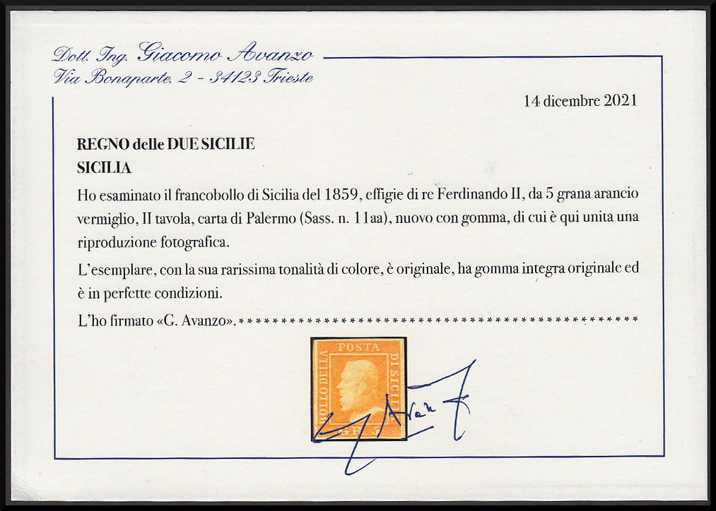 SIC115 - 1859 - Effigy of Ferdinand II of Bourbon facing left, 5 grain vermilion orange Palermo paper intact (11aa)