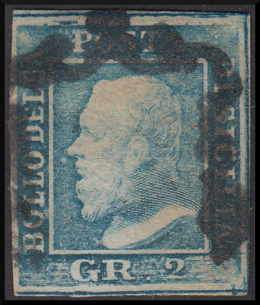 SIC129 - 1859 - Effigie di Federico II di Borbone, 2 grana azzurro chiaro I tavola carta di Napoli usato (6h)