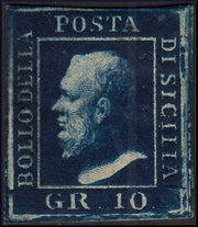 SIC20 - 1859 - Effigie di Federico II di Borbone, 10 grana indaco nuovo con gomma originale (12b) (Copia)