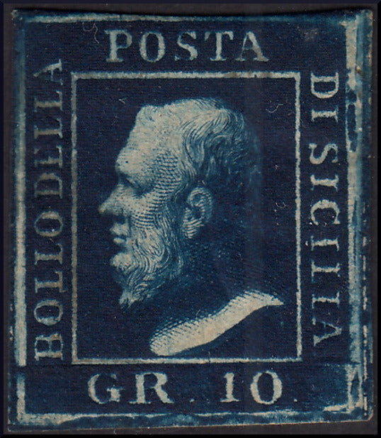 1859 - 10 grain indigo black paper from Naples new with original gum (12a) 