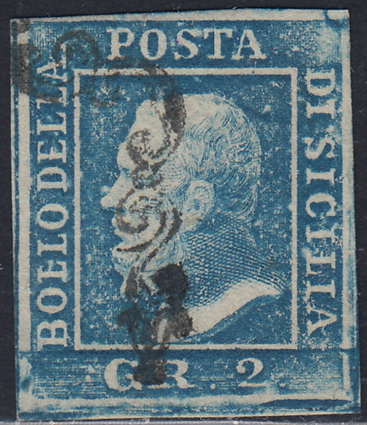 SIC215 - 1859 - Effigie di Federico II di Borbone, 2 grana azzurro I tavola carta di Napoli pos. 49 usato (6a)