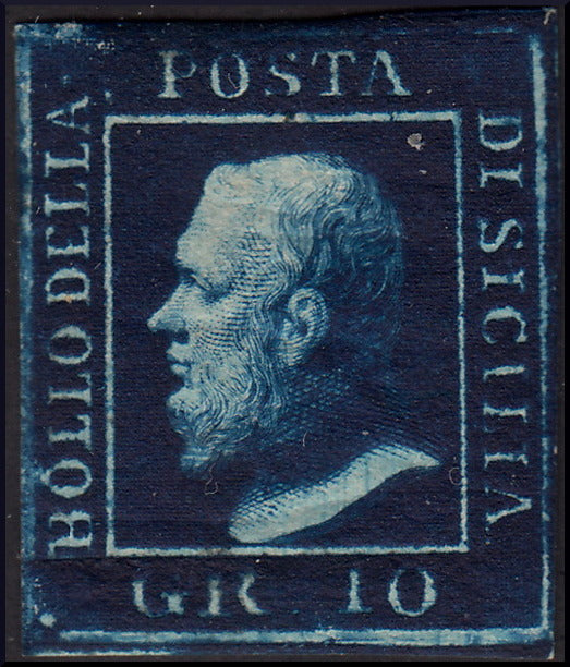 1859 - 10 grain indigo black paper from Naples new with original gum (12a) 