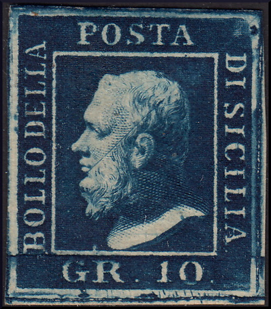 SIC22 - 1859 - Effigie di Federico II di Borbone, 10 grana indaco nuovo con gomma originale (12b)